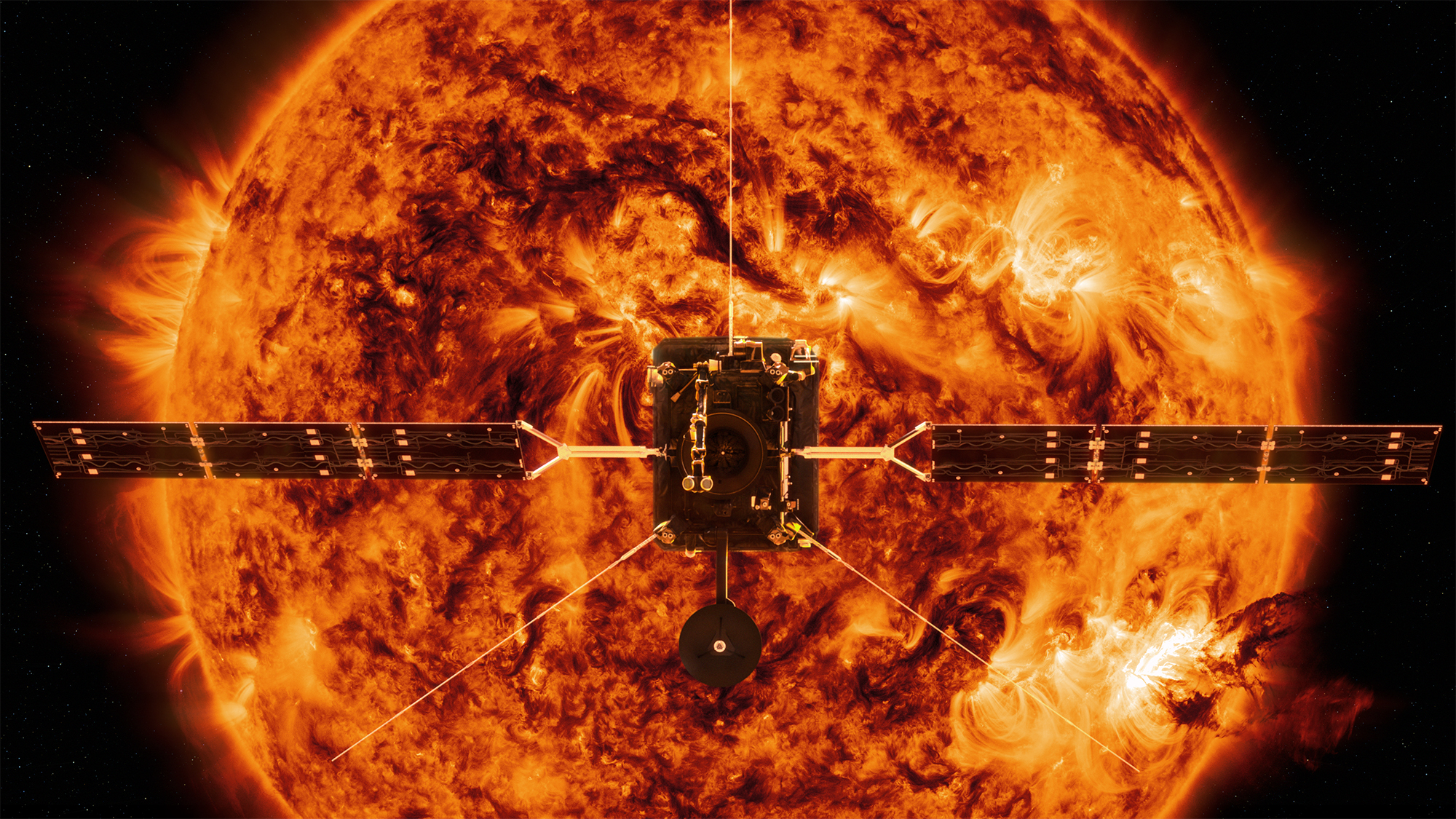 ESA’s (European Space Agency’s) Solar Orbiter, shown here in an artist’s rendition illustration against backdrop image of Sun