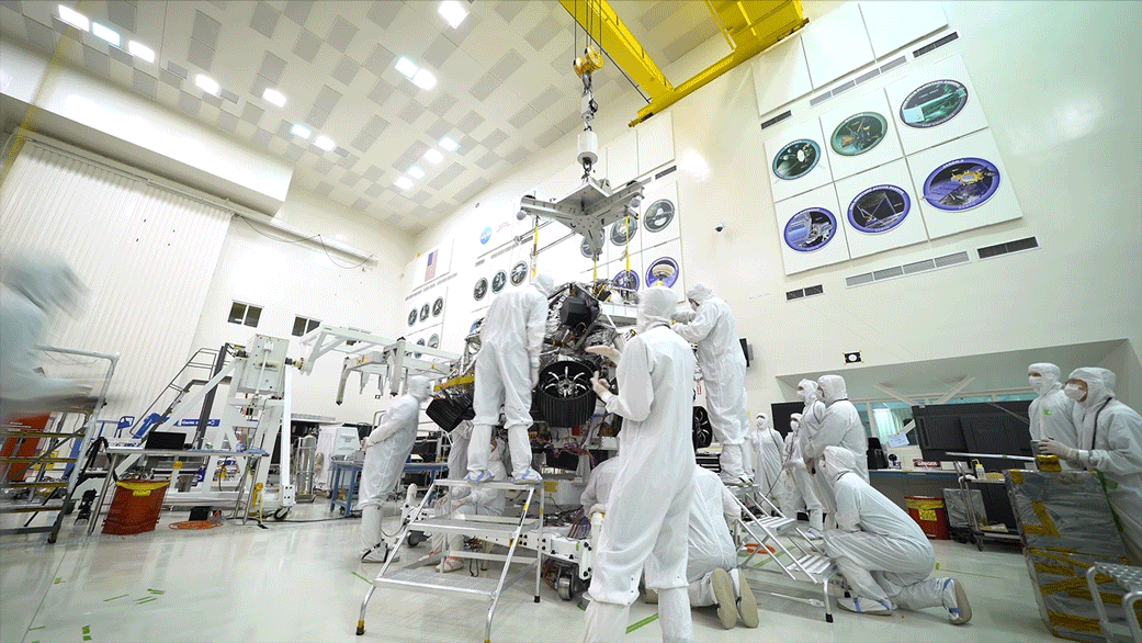 Time-lapse animated gif of engineers and technicians working on the Mars 2020 spacecraft