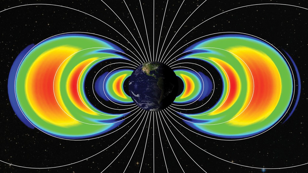 Depiction of three radiation belts around Earth. They look like large arcs, with red in the center, fading to yellow, green, and then blue. Several of these arcs extend out from each side of Earth, which is in the center.