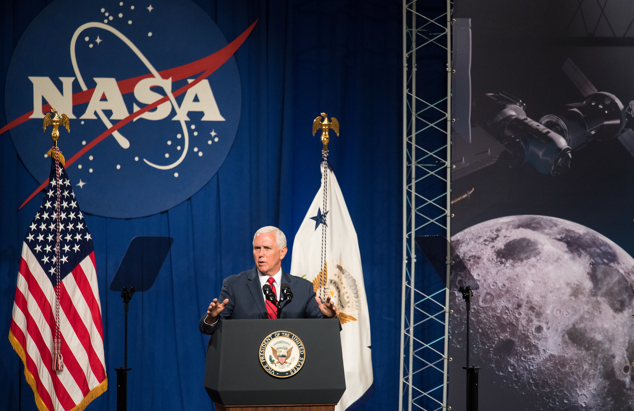 Vice President Mike Pence speaks in the Teague Auditorium at NASA's Johnson Space Center, Thursday, Aug. 23, 2018 in Houston
