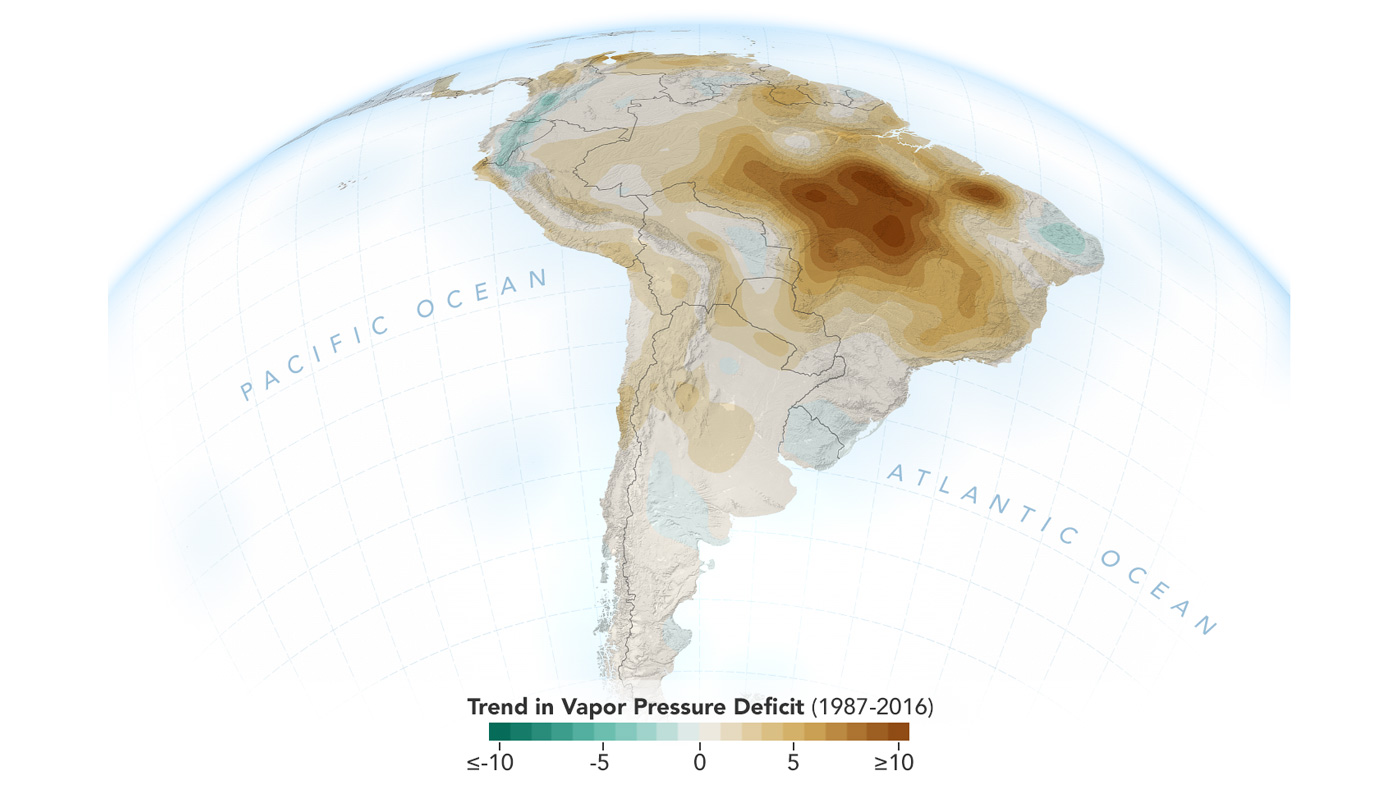 image showing the decline of moisture in the air over the Amazon rainforest.