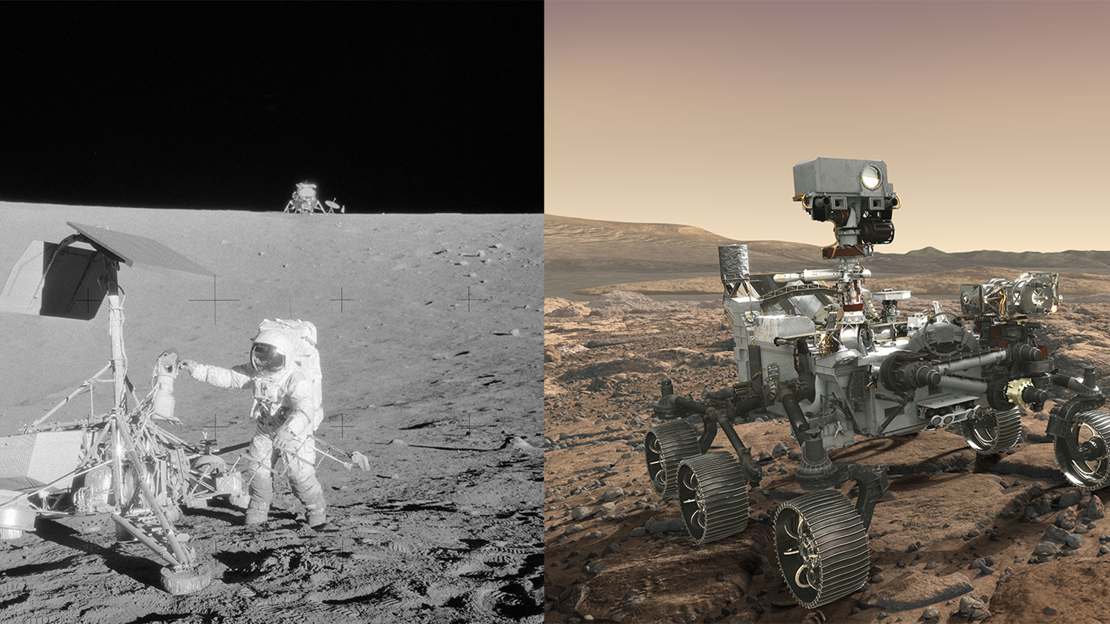  Apollo 12 astronaut Charles “Pete” Conrad Jr. stands beside NASA's Surveyor 3 spacecraft and artist's concept of Mars rover
