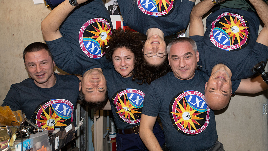 The six-member Expedition 61 crew