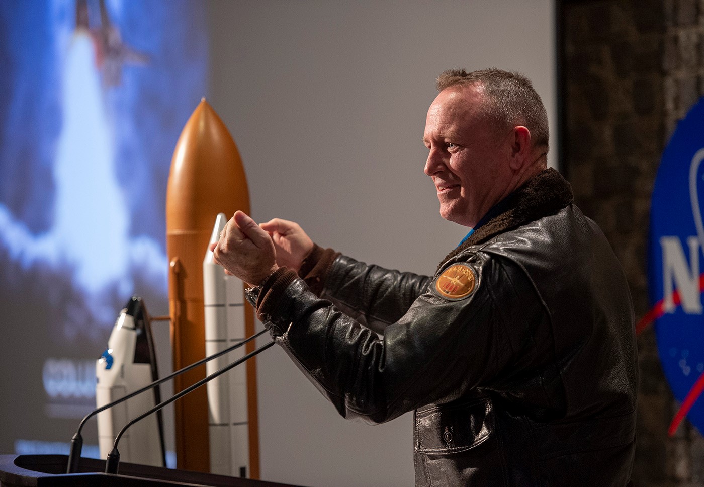 NASA astronaut Butch Wilmore delivers the keynote address at The Space Shuttle Columbia National Tour town hall Nov. 5.