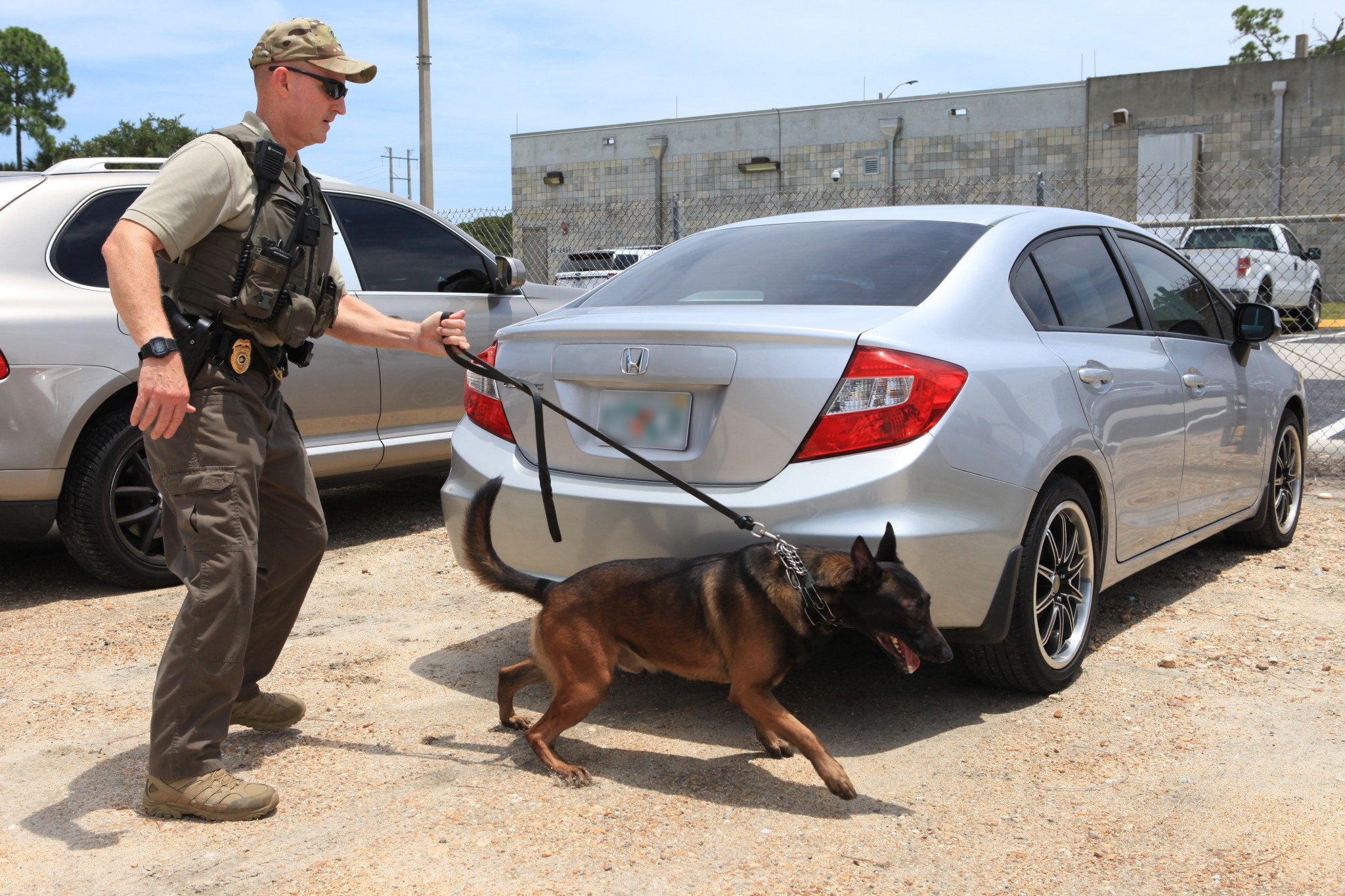 During training, K-9 Officer John McGee leads K-9 Spike through a detection exercise at the Law Enforcement Academy.