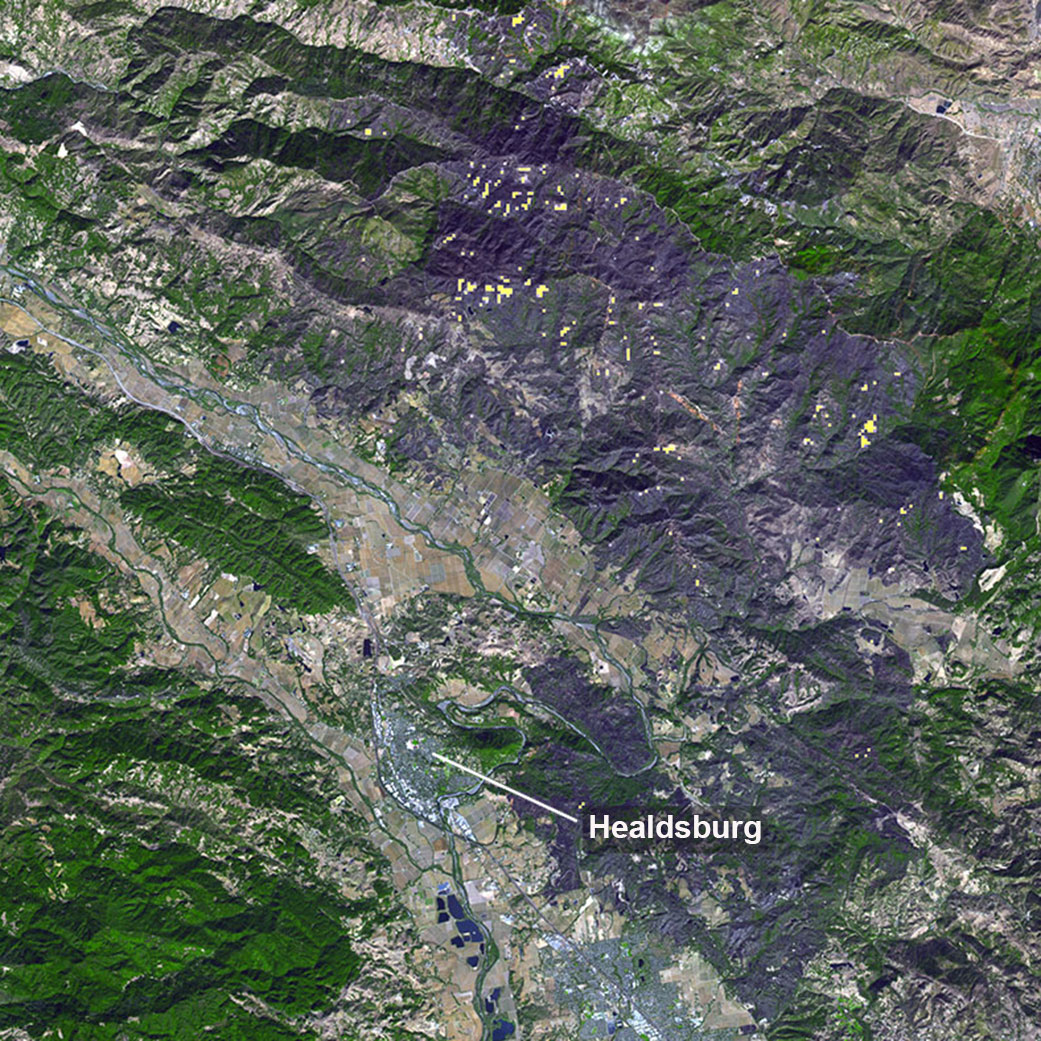 A large burn scar can be seen from space where the Kincade Fire has burned through Sonoma County, California. 