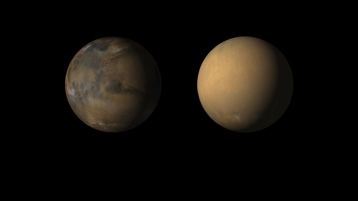 Side-by-side movies shows how dust has enveloped the Red Planet