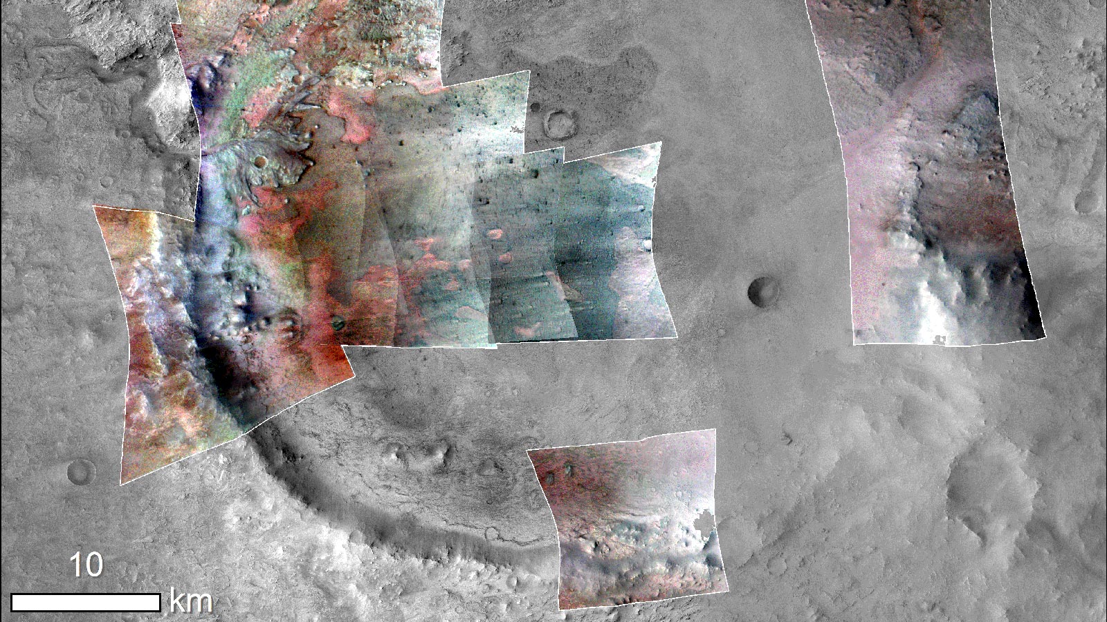 Color has been added to highlight minerals in this image of Jezero Crater on Mars.