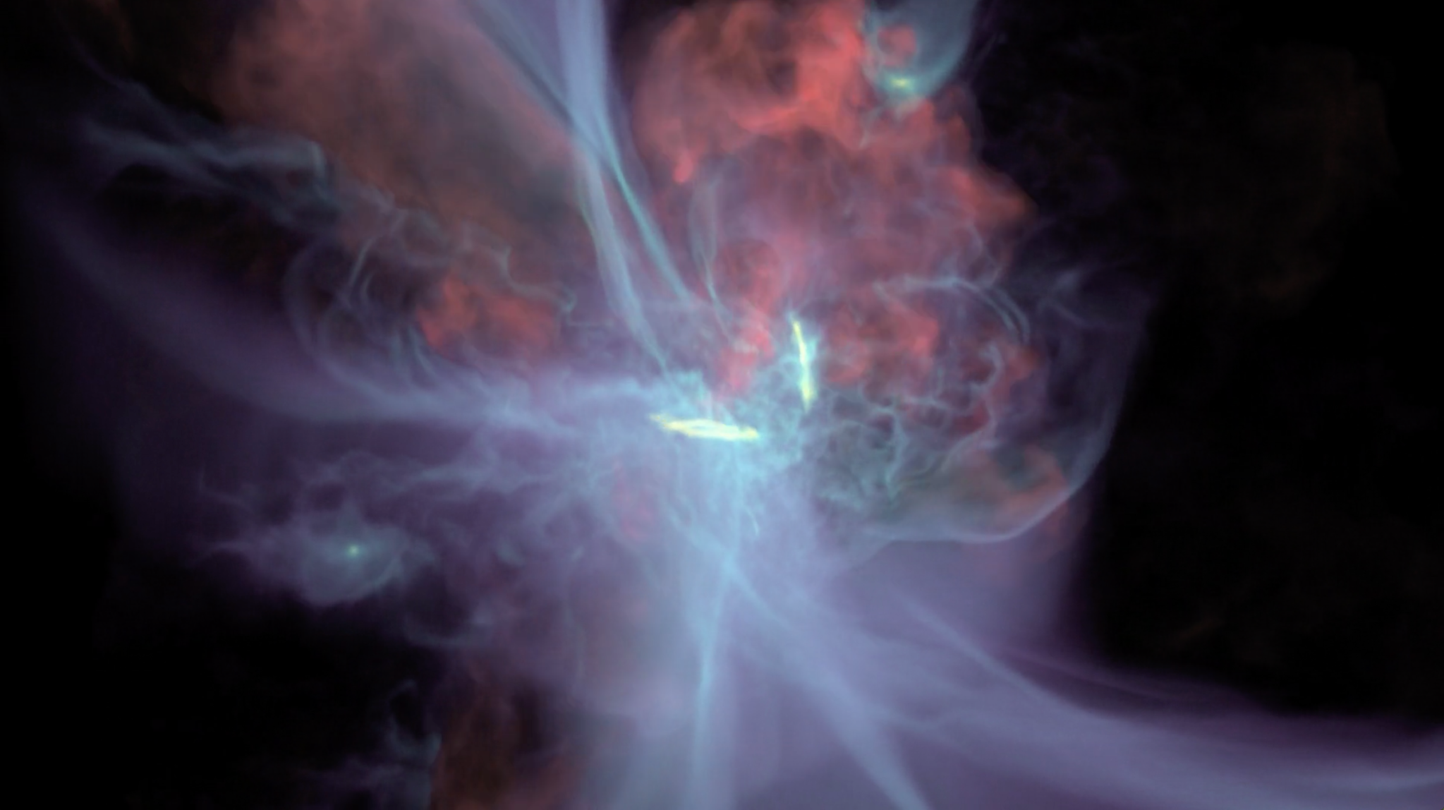 Snapshot of a visualization showing gas in and around a simulated galaxy. 