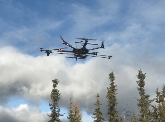 NASA Ames DJI M-600 with USGS CH4 flux payload flying over a bog outside of Fairbanks, Alaska.