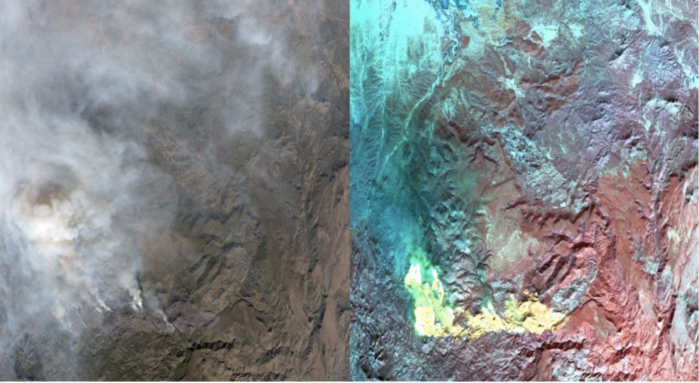  Visible (L) and multi-spectral Infrared data (R) of the Sheridan Fire near Prescott 