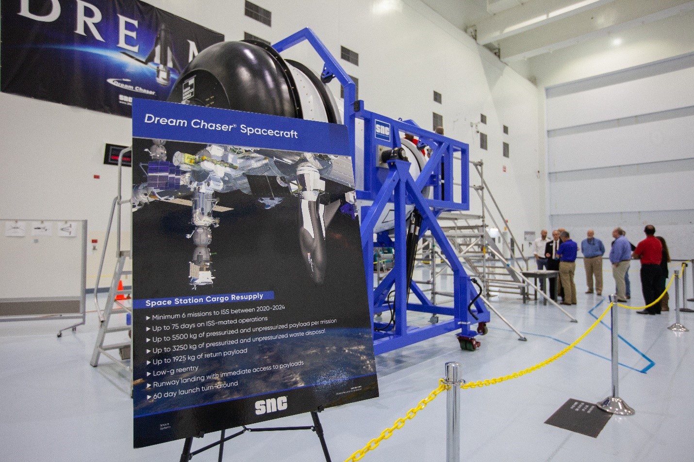 A photograph of a test model of the cargo logistics module for Sierra Nevada Corporation's reusable spaceplane, Dream Chaser.
