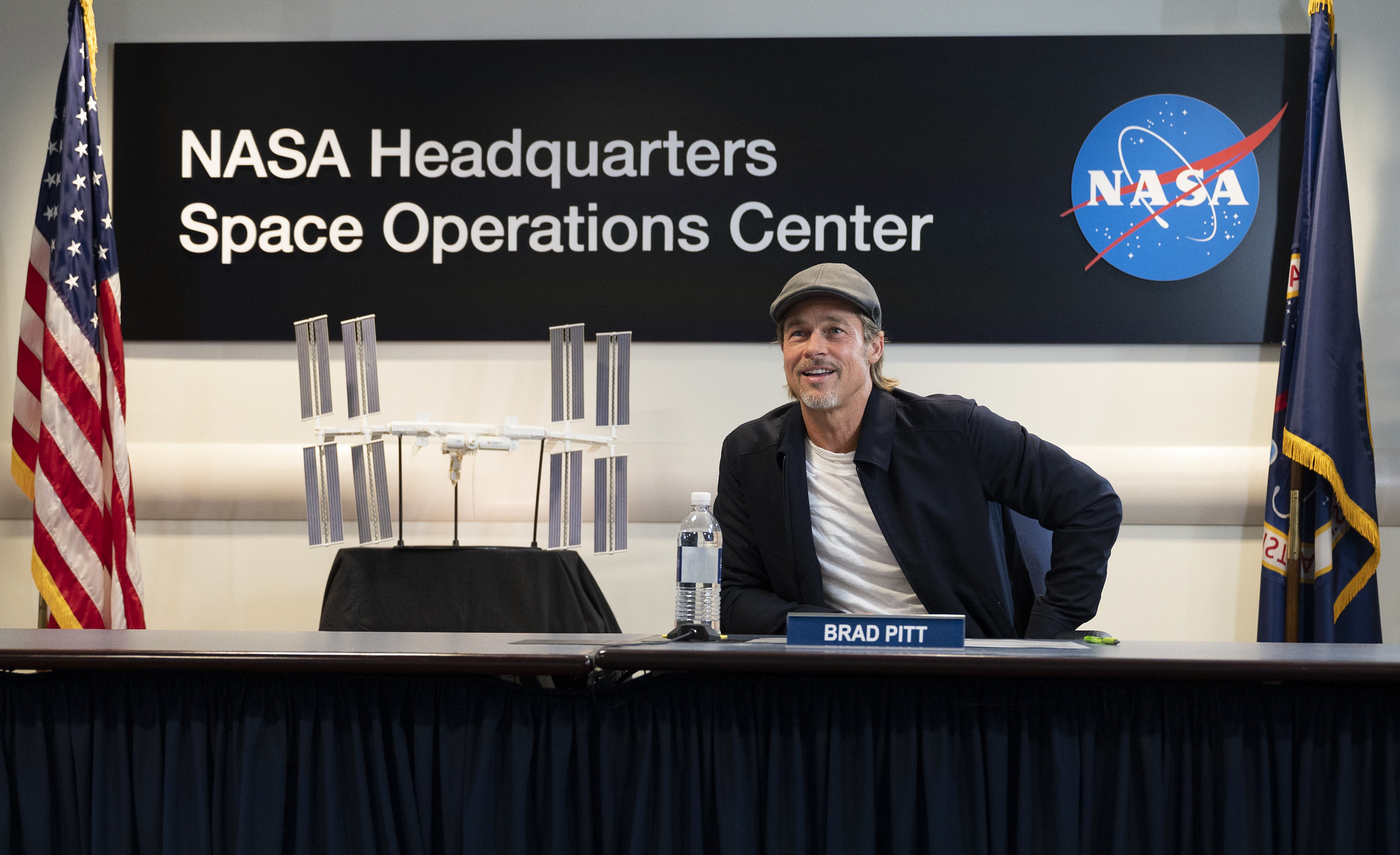 Actor Brad Pitt talks to NASA astronaut Nick Hague