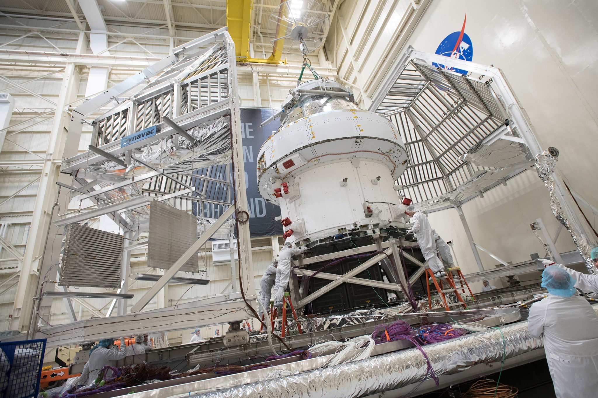 The Orion Spacecraft being prepped to enter the testing chamber at Plum Brook Station