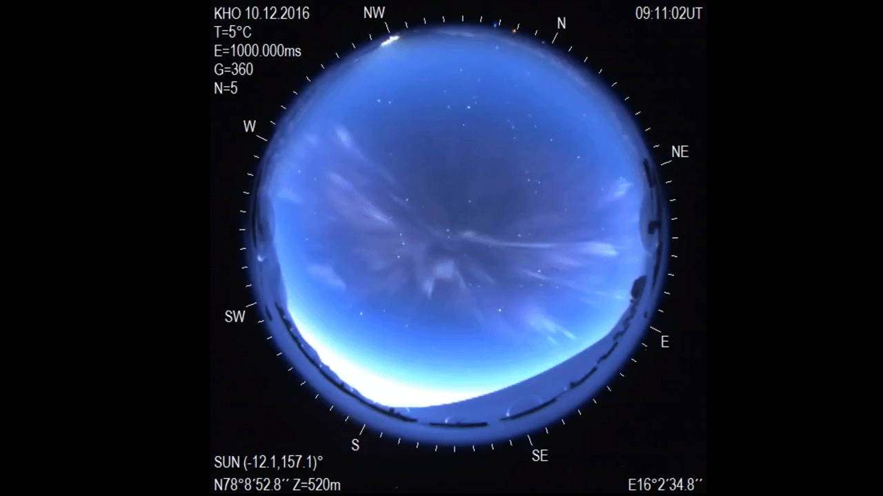 In this time-lapse video, a round, all-sky camera view shows the background sky in dark blue with white and light-blue waves of aurora fluctuating and spiraling across the sky.