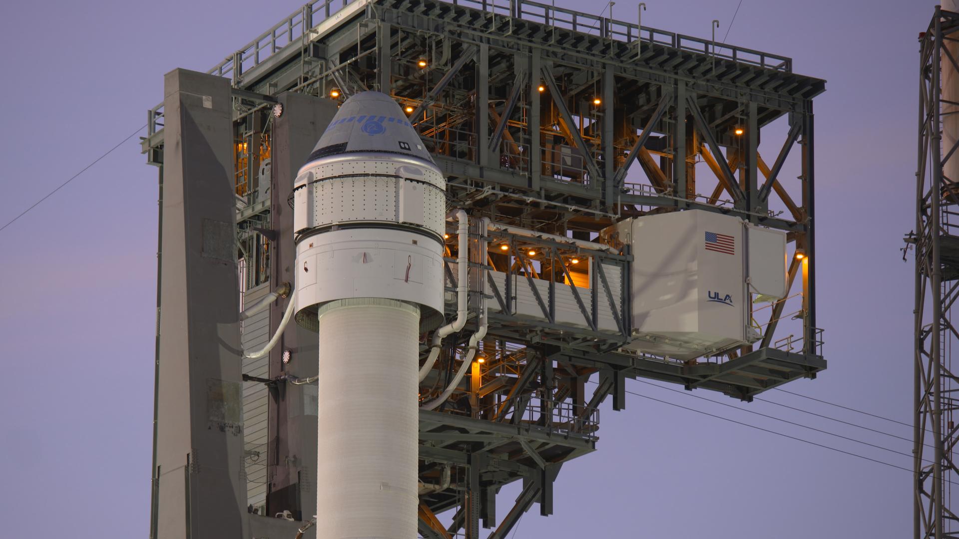 A ULA Atlas V rocket and Boeing CST-100 Starliner stand on Space Launch Complex 41 at Cape Canaveral Air Force Station