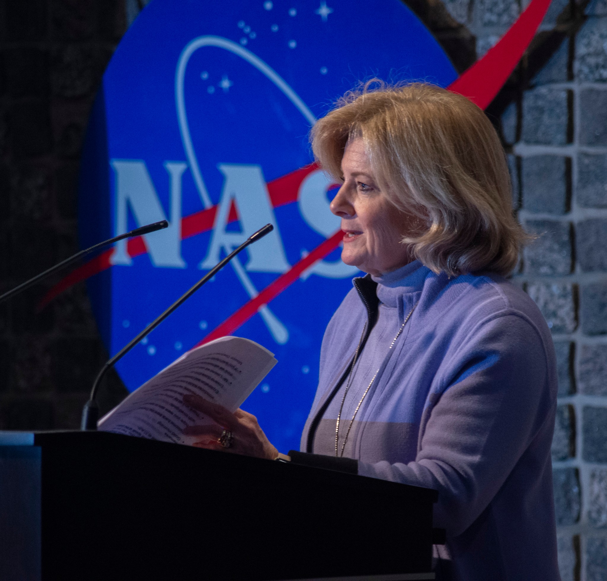 NASA’s Marshall Space Flight Center Director Jody Singer addresses team members in Morris Auditorium.
