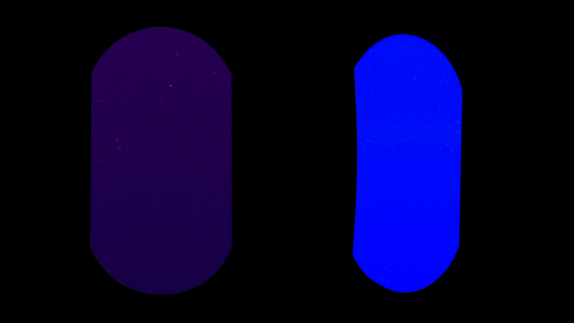 Two vertical, oval-shaped panels appear side by side. In the left panel a bright pink arc appears across the center and a fainter pink glow fades in below it. In the right panel, a bright green arc appears across the center and a fainter green glow fades in below it.