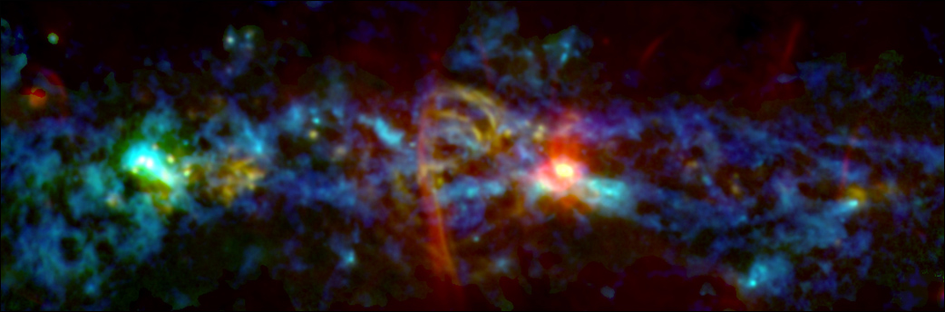 This image of the inner galaxy color codes different types of emission sources by merging microwave data (green) with infrared (blue) and radio observations (red). The image looks like a tie dye splatter across a black background. To the left, more blues and greens glow. Near the center, is a red curved line. Above the red line, is a yellow arch. To the right of the red line, is a bright flash of red. The right of the image is mostly blues, with a lighter blue flash. Where star formation is in its infancy, cold dust shows blue and cyan, such as in the Sagittarius B2 molecular cloud complex. Yellow reveals more well-developed star factories, as in the Sagittarius B1 cloud. Red and orange show where high-energy electrons interact with magnetic fields, such as in the Radio Arc and Sagittarius A features.