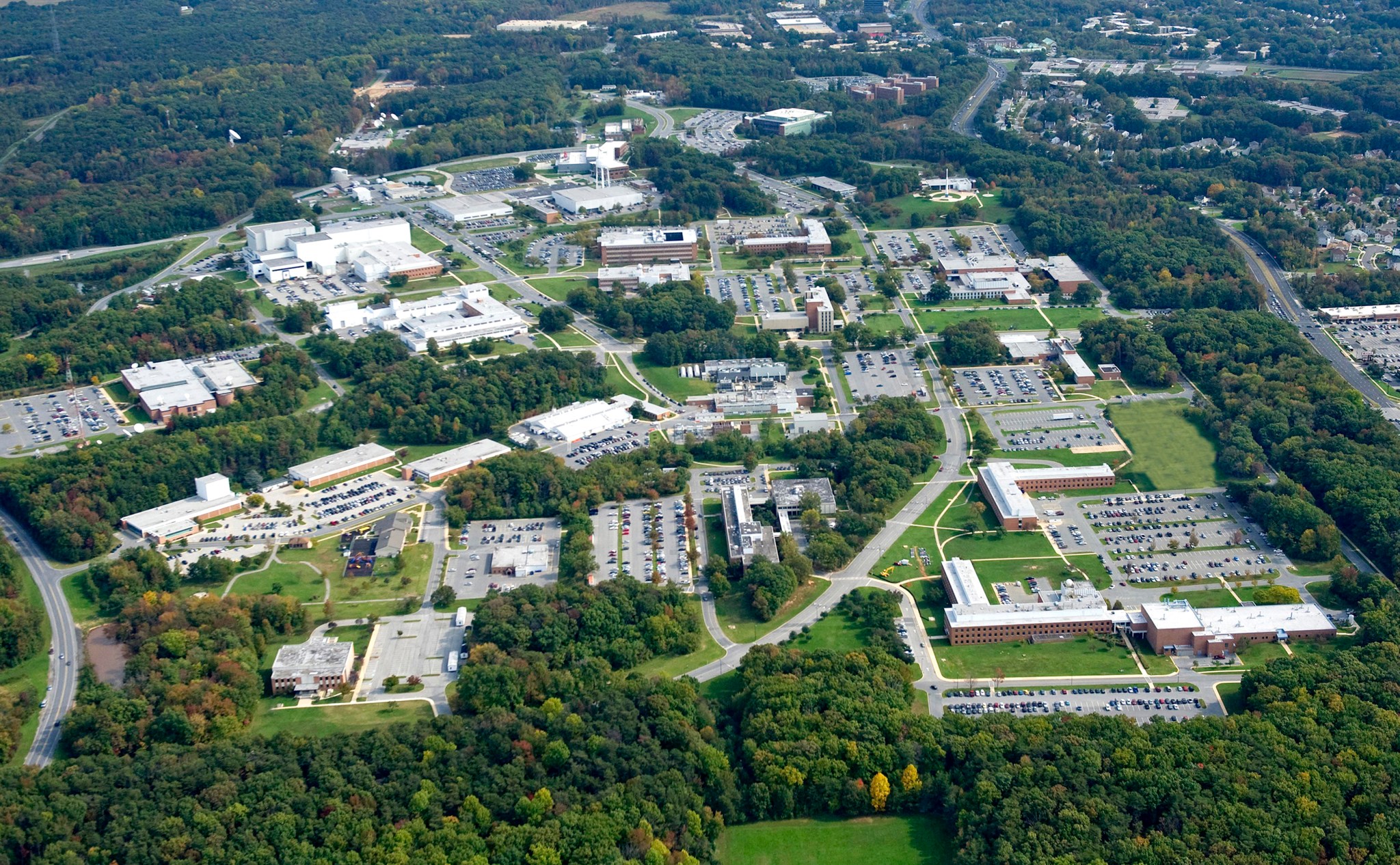 aerial view of Goddard Greenbelt campus showing buildings surrounded by greenery