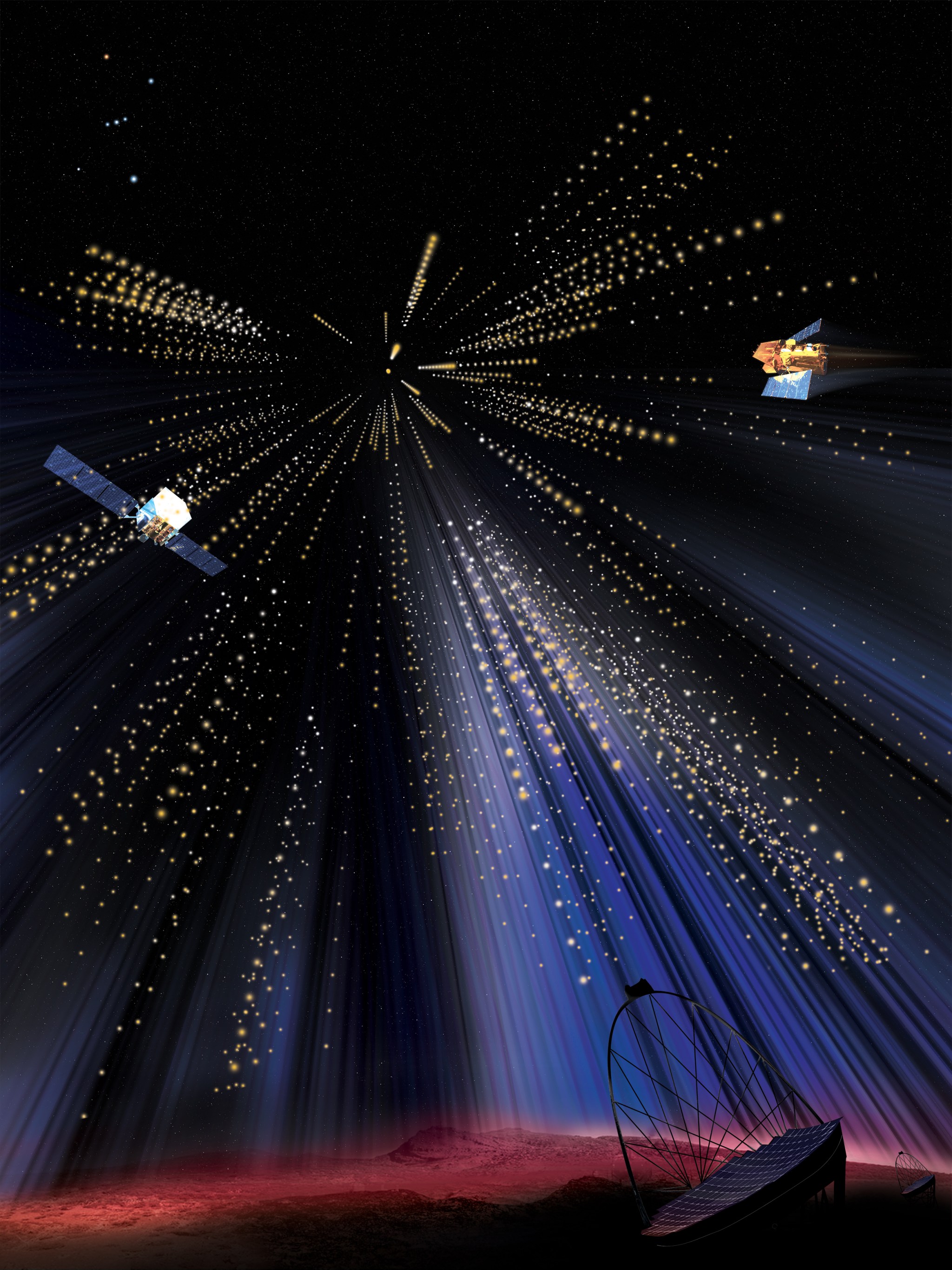 illustration showing Fermi and Swift spacecraft against stylized stellar backdrop