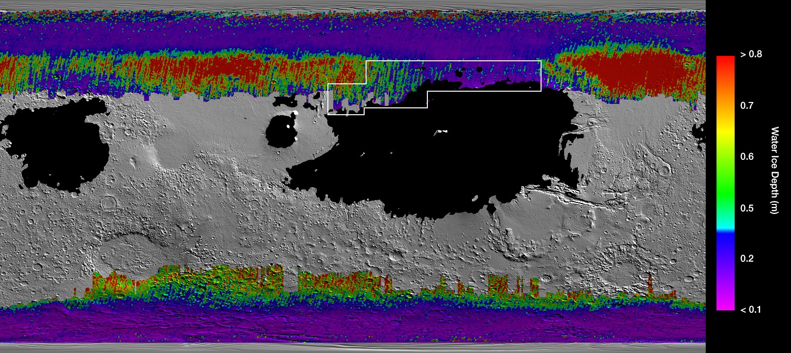 This rainbow-colored map shows underground water ice on Mars