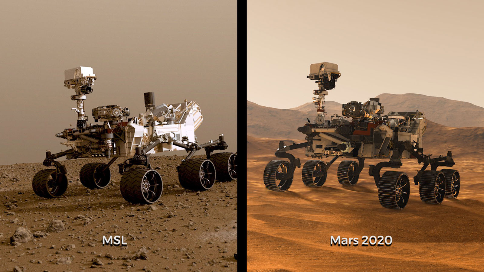 Illustrations of NASA's Curiosity and Mars 2020 rovers