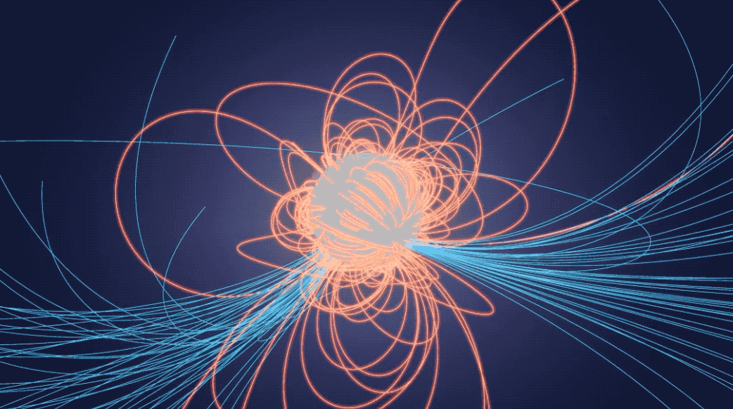animation showing simulation of pulsar with a possible quadripole magnetic field