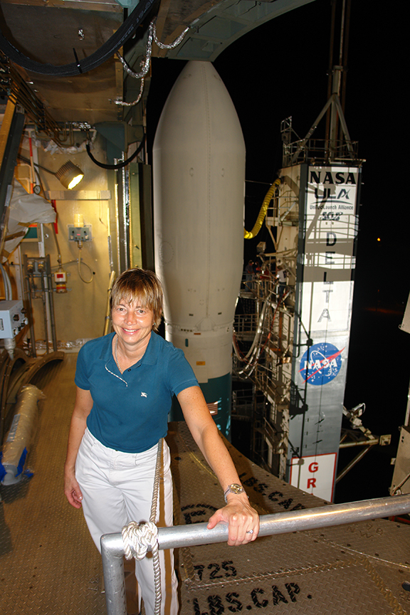 Maria Zuber, principal investigator of NASA's GRAIL image, with the spacecraft before launch. 