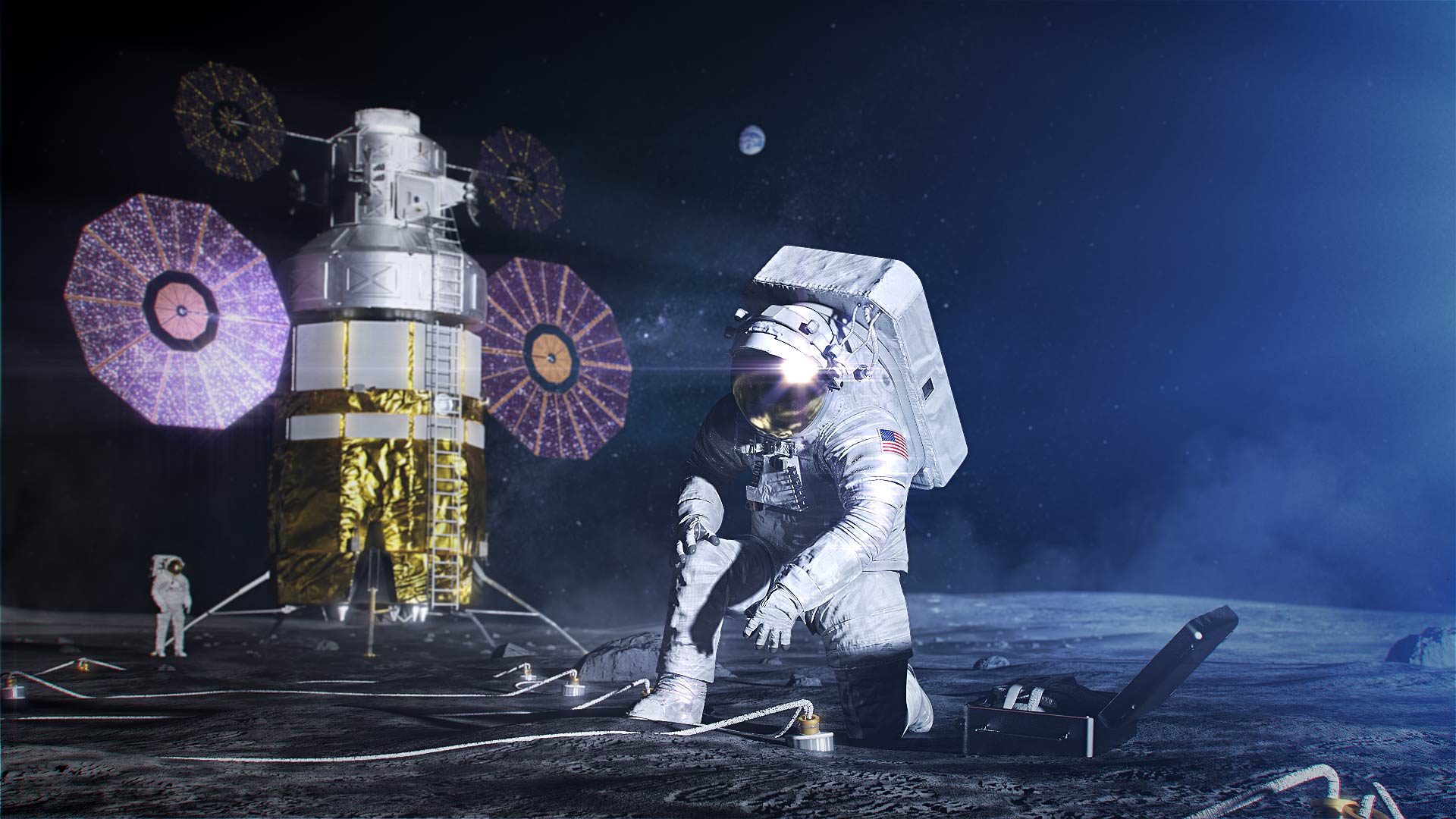 Artist concept of an astronaut in the xEMU space suit setting up a science experiment on the lunar surface.
