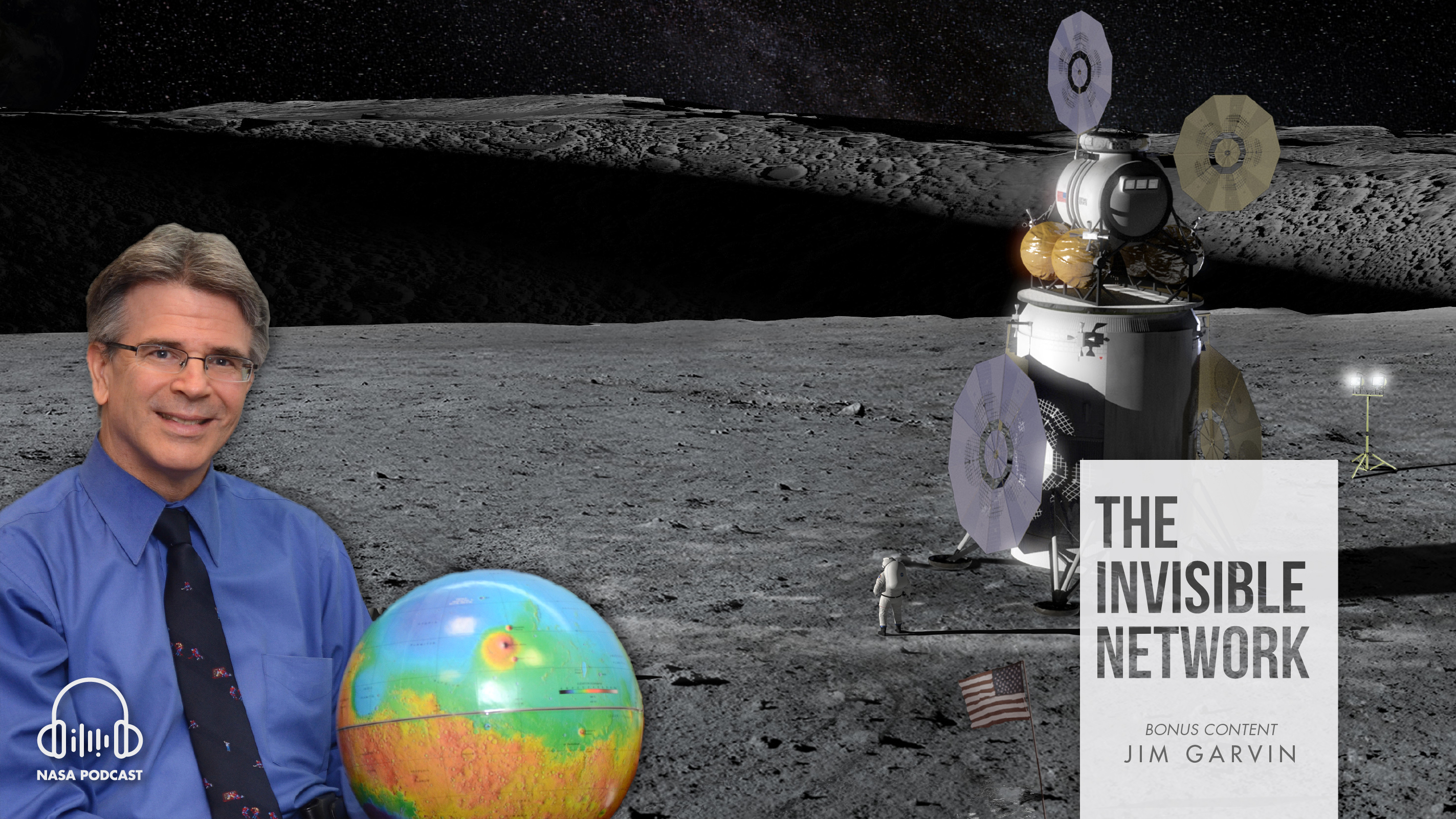 photo of Jim Garvin superimposed over illustration of lunar landscape