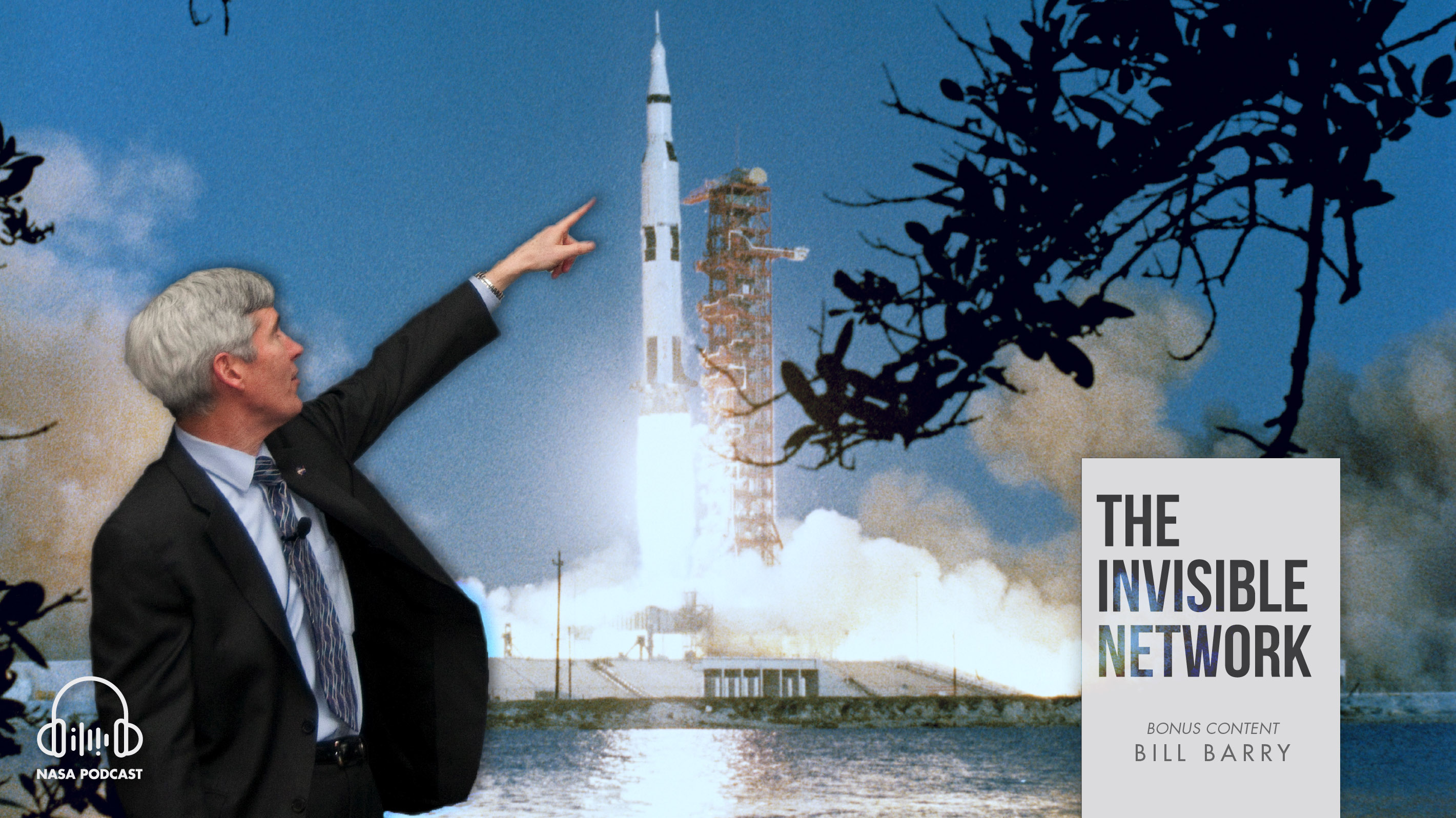 composite image of Bill Barry pointing at a rocket launch