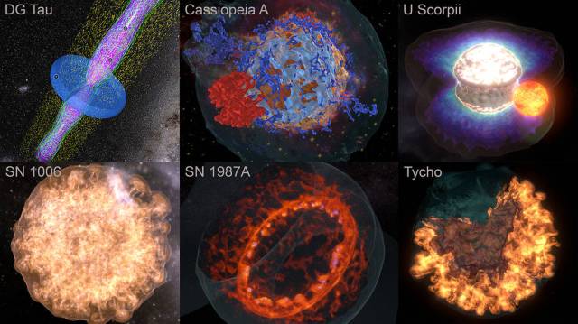 Six photos of 3D visualizations based on data from Chandra and other X-ray telescopes.