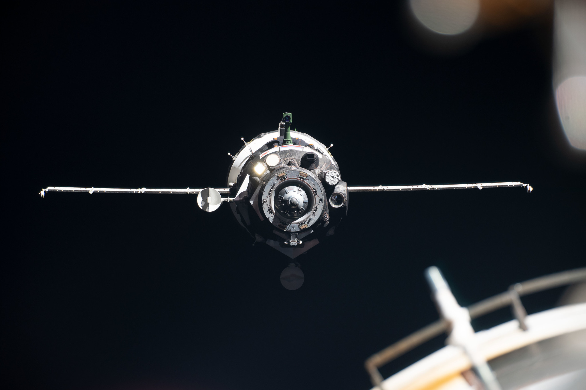 The Soyuz MS-13 crew spacecraft is seen as it approached the International Space Station for docking