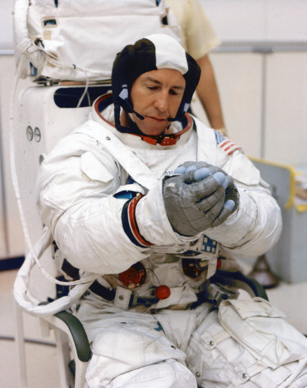 NASA Astronaut Jim Lovell during training in his EVA suit, January 1970