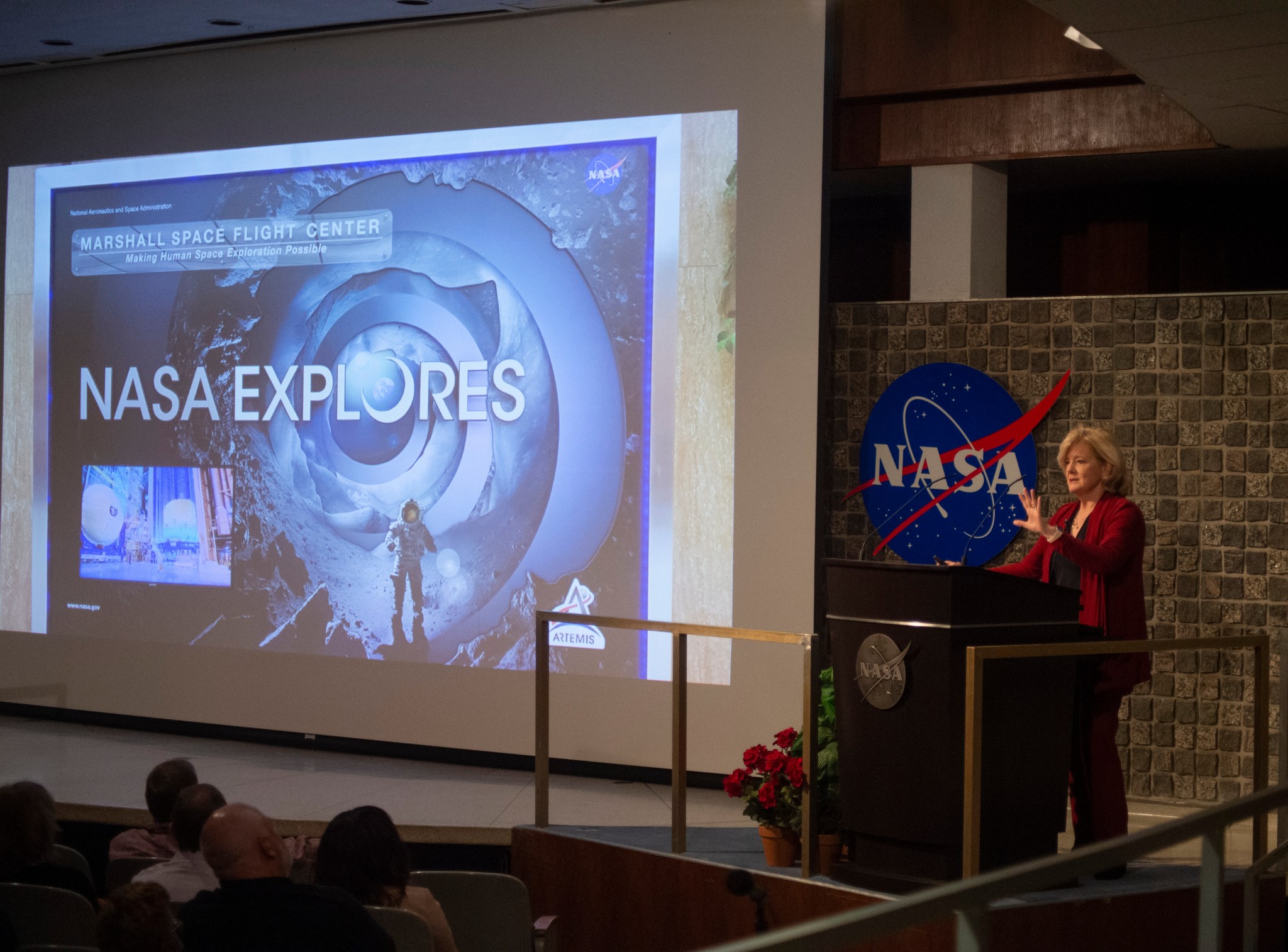 NASA’s Marshall Space Flight Center Director Jody Singer addresses the Marshall workforce at the first 2020 all-hands meeting.
