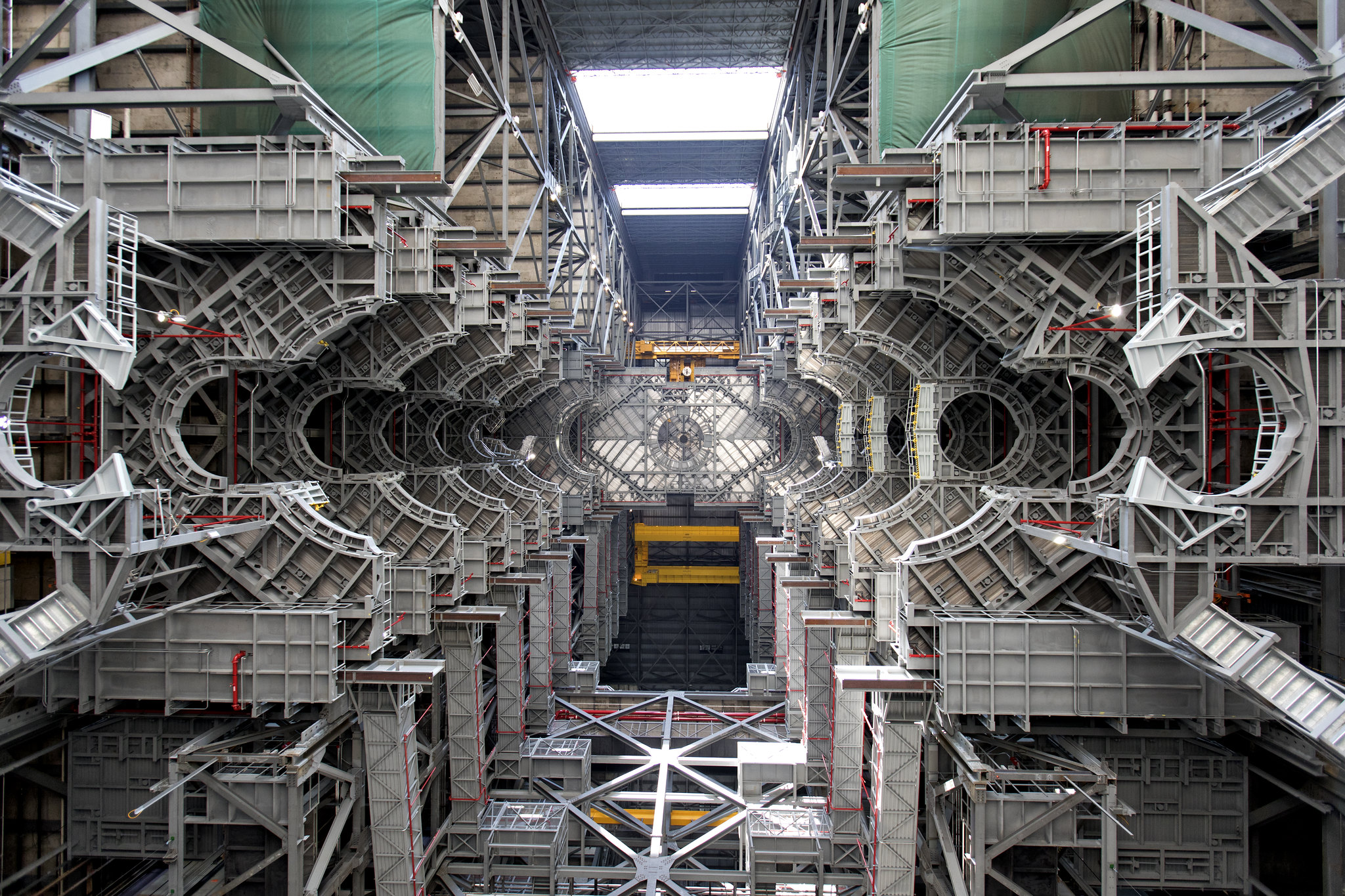 Looking up at 10 levels of new work platforms in High Bay 3 of the Vehicle Assembly Building at Kennedy Space Center.