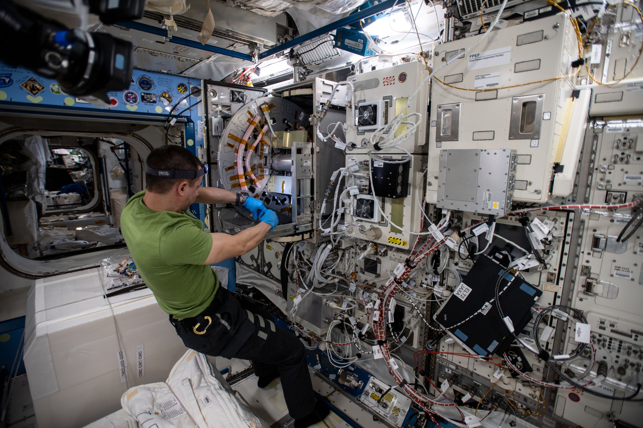 astronaut Andrew Morgan works on mouse habitat inside space station 