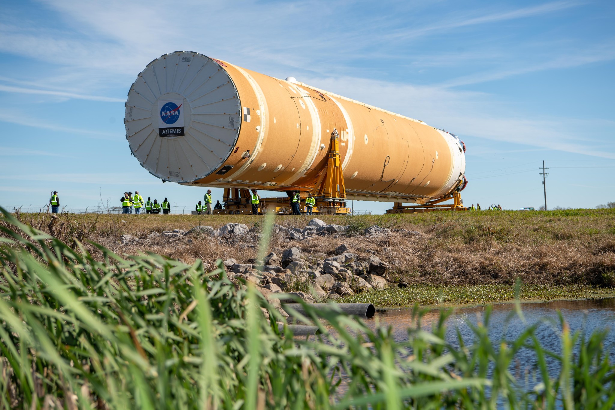 NASA’s Space Launch System (SLS) rocket’s core stage, complete with all four RS-25 engines.