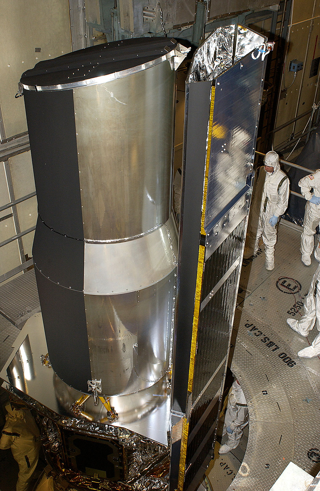 Spitzer Space Telescope (formerly the Space Infrared Telescope Facility or SIRTF) is readied for launch