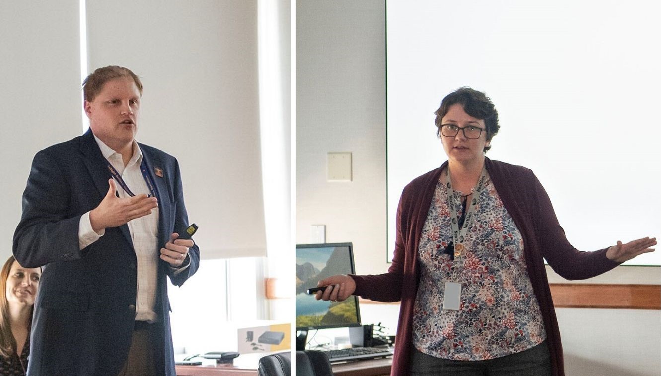 Brad Zavodsky, left, and Renee Weber deliver the monthly Tech Talk at NASA’s Marshall Space Flight Center on Jan. 16. 