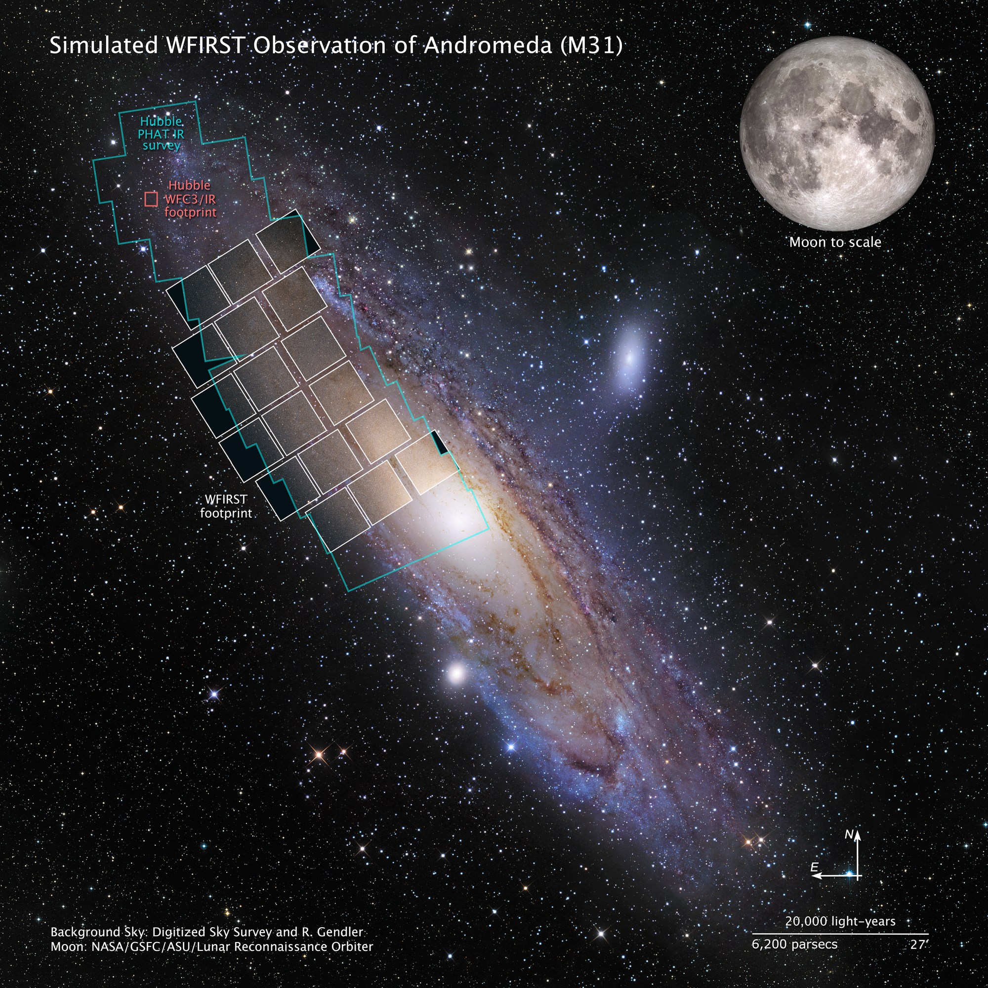 A composite figure of the Andromeda galaxy (M31) highlights the extremely large field of view of NASA’s upcoming WFIRST.