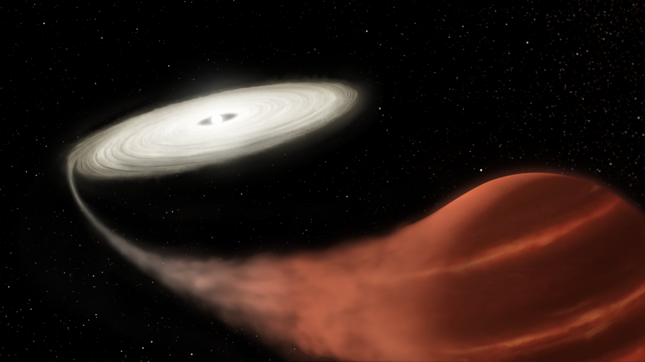 illustration of a white dwarf with flattened accretion disk siphoning a stream of matter off a brown dwarf