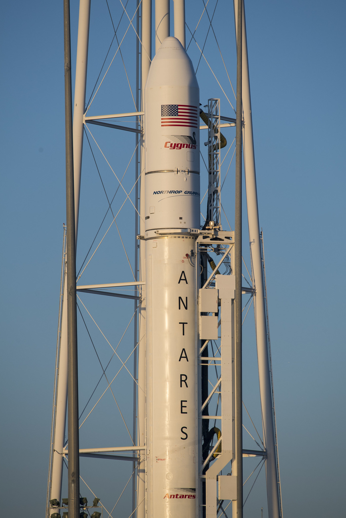 A Northrop Grumman Antares rocket carrying a Cygnus resupply spacecraft is seen at sunrise on Pad-0A, Sunday, Feb. 9, 2020