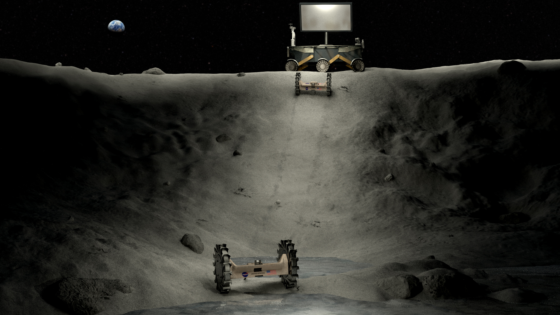 Illustration of power, lighting and roving concepts operating in a lunar crater.