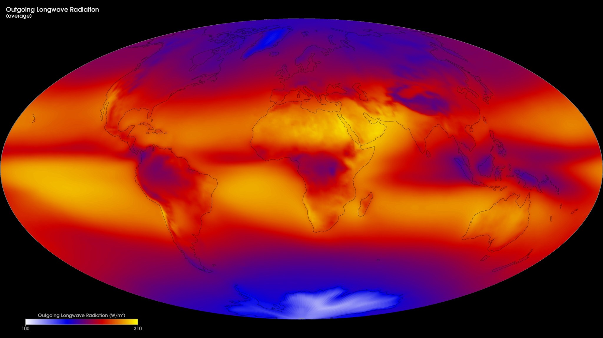 Earth’s outgoing longwave, or heat, radiation shown here as the average from 2000 to 2015
