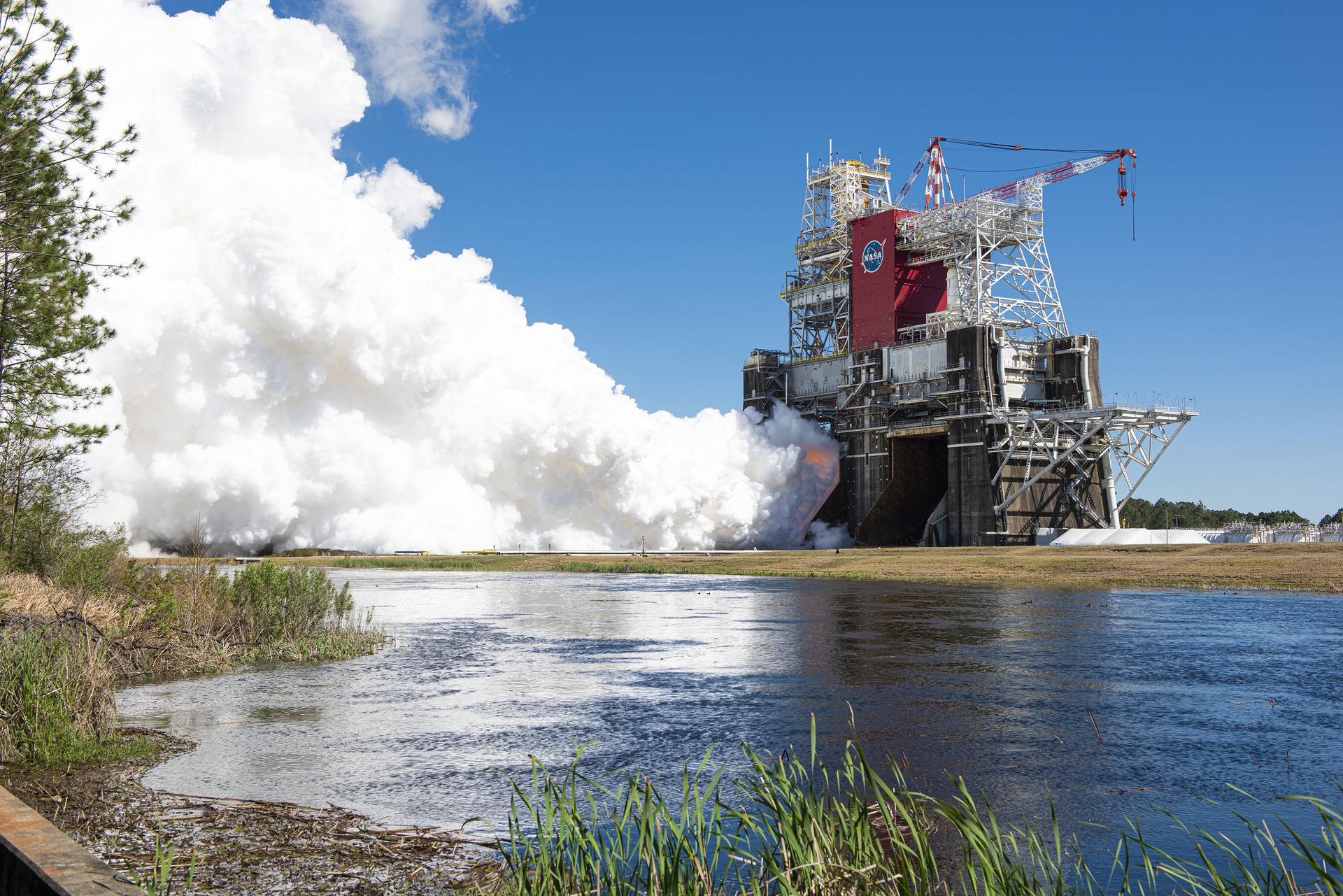 NASA conducts a hot fire test March 18, 201, of the core stage for the agency’s Space Launch System rocket on the B-2 Test Stand at Stennis Space Center near Bay St. Louis, Mississippi. 