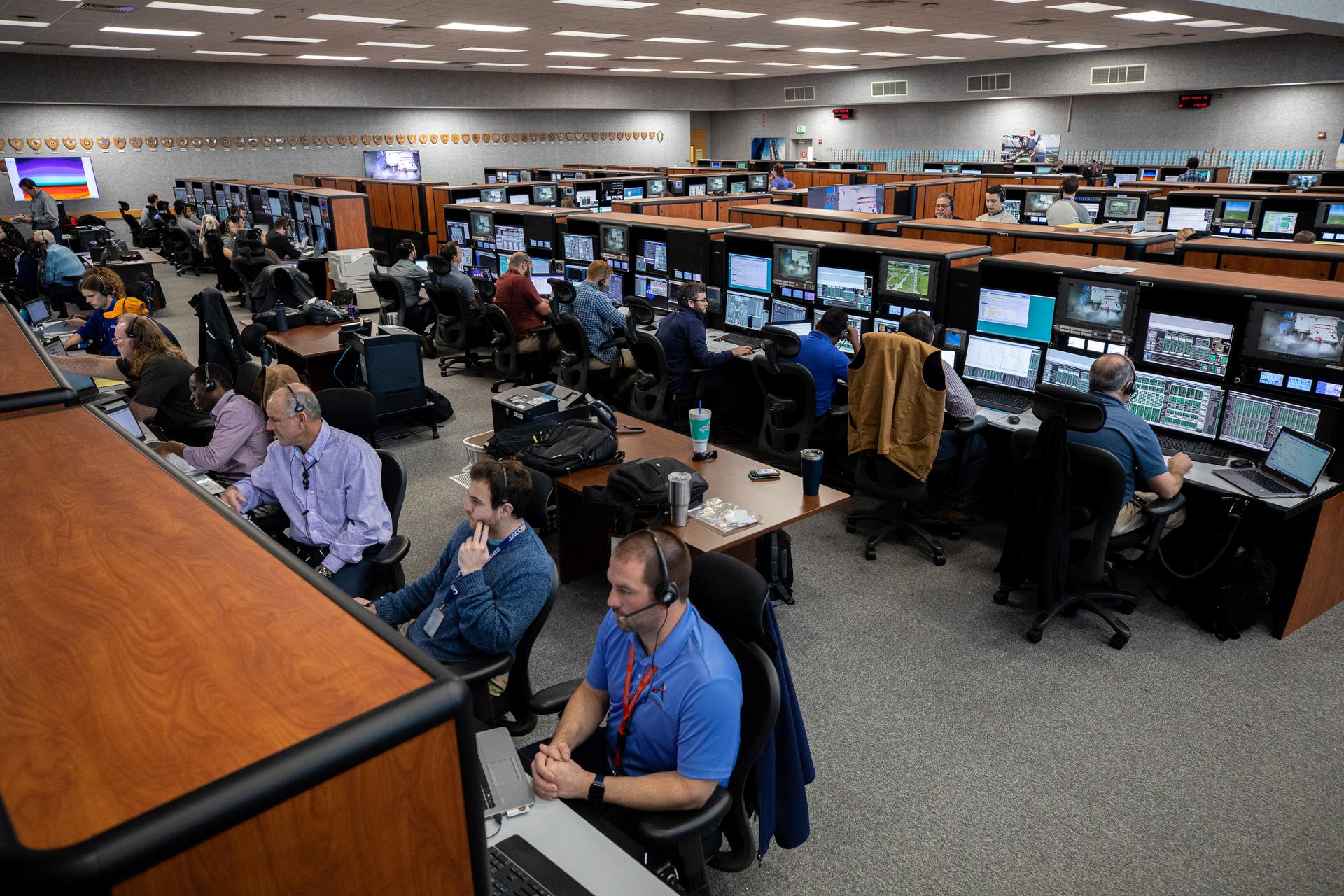 A launch simulation is underway in Launch Control Center Firing Room 1 at NASA's Kennedy Space Center in Florida on Feb. 3, 2020