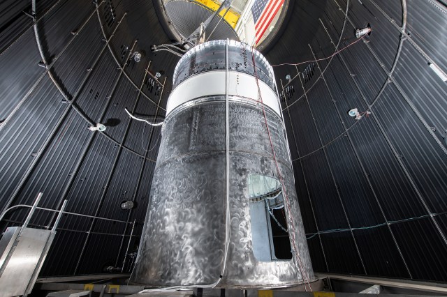 The SHIIVER tank sits inside the In-Space Propulsion Facility’s vacuum chamber at NASA’s Plum Brook Station.