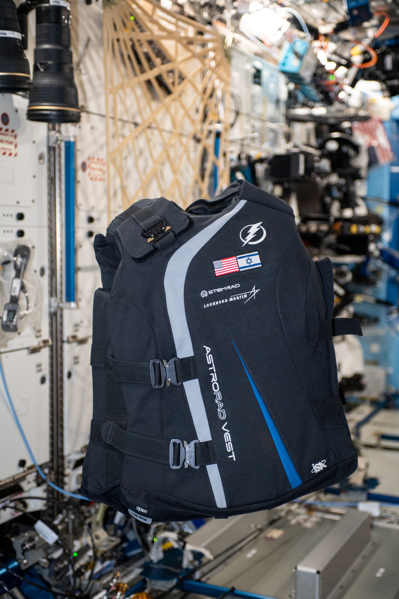 The AstroRad vest floating inside the space station